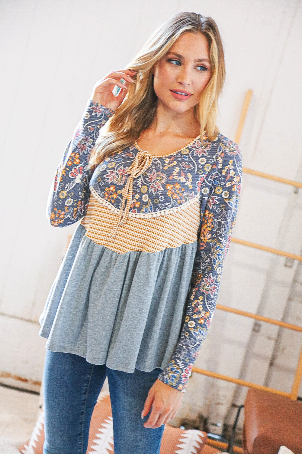 Grey & Rust Ethnic Floral Pointelle Pompom Lace Top