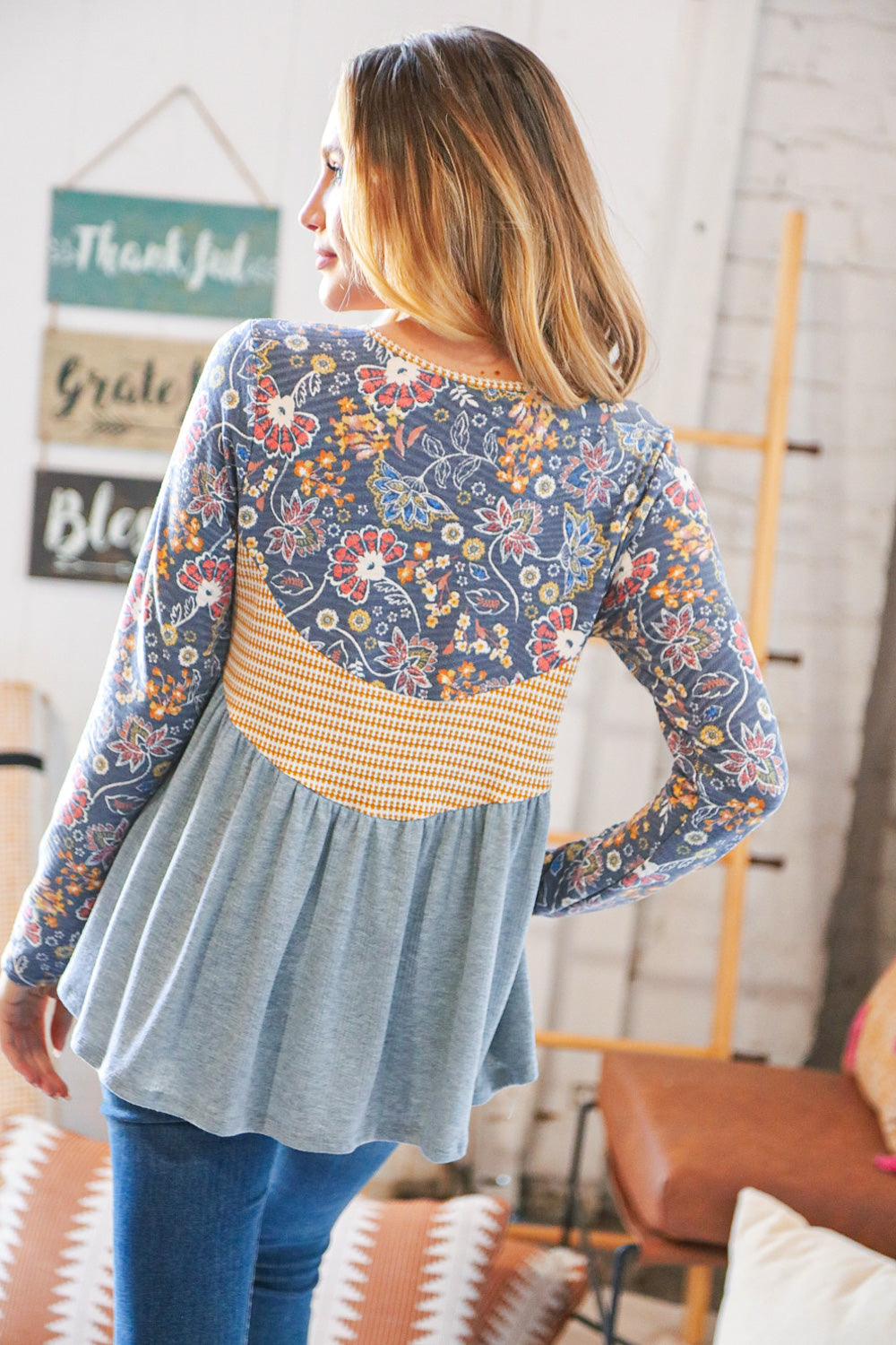 Grey & Rust Ethnic Floral Pointelle Pompom Lace Top