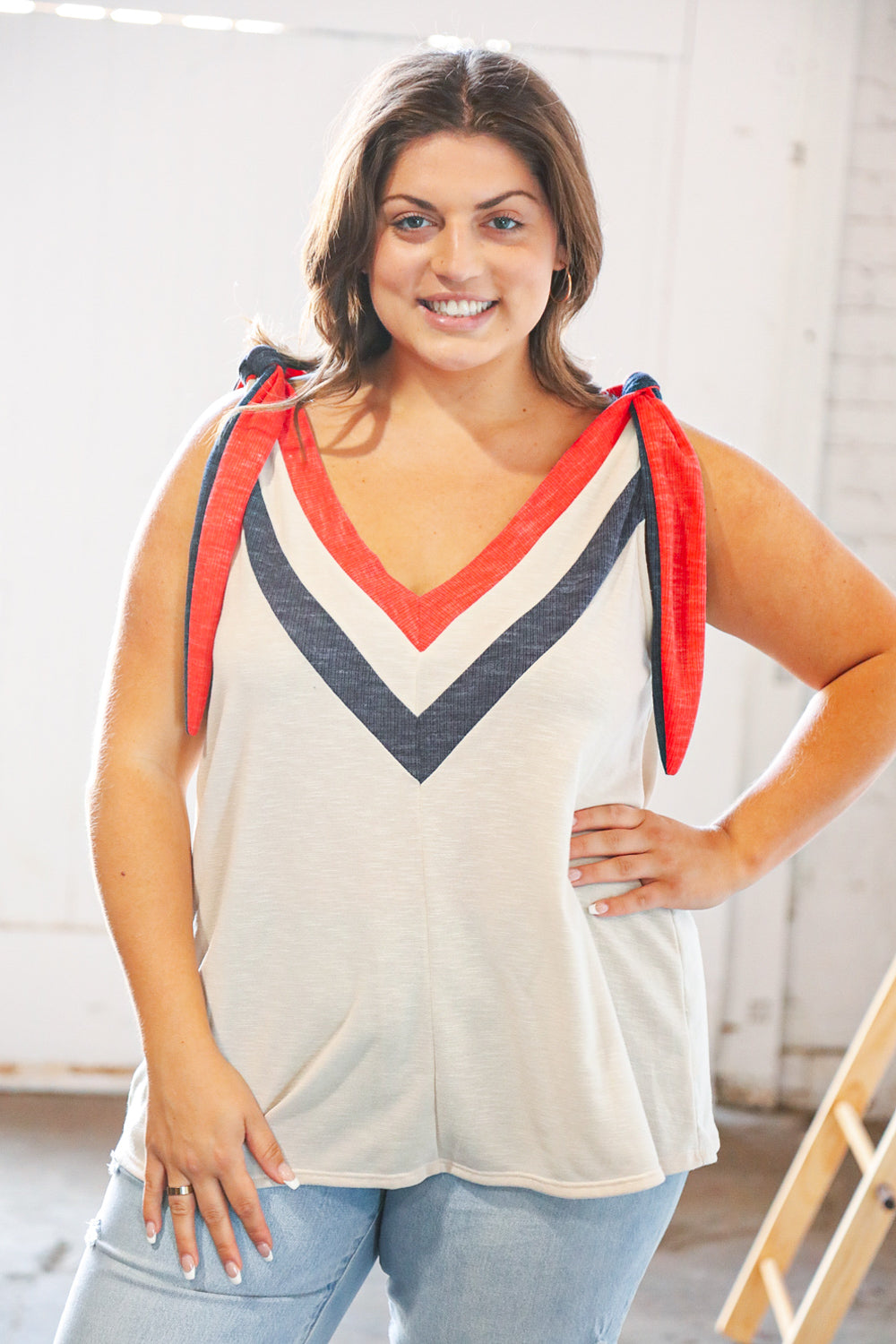 Navy & Red V Neck Tie Shoulder Color Block Sleeveless Top