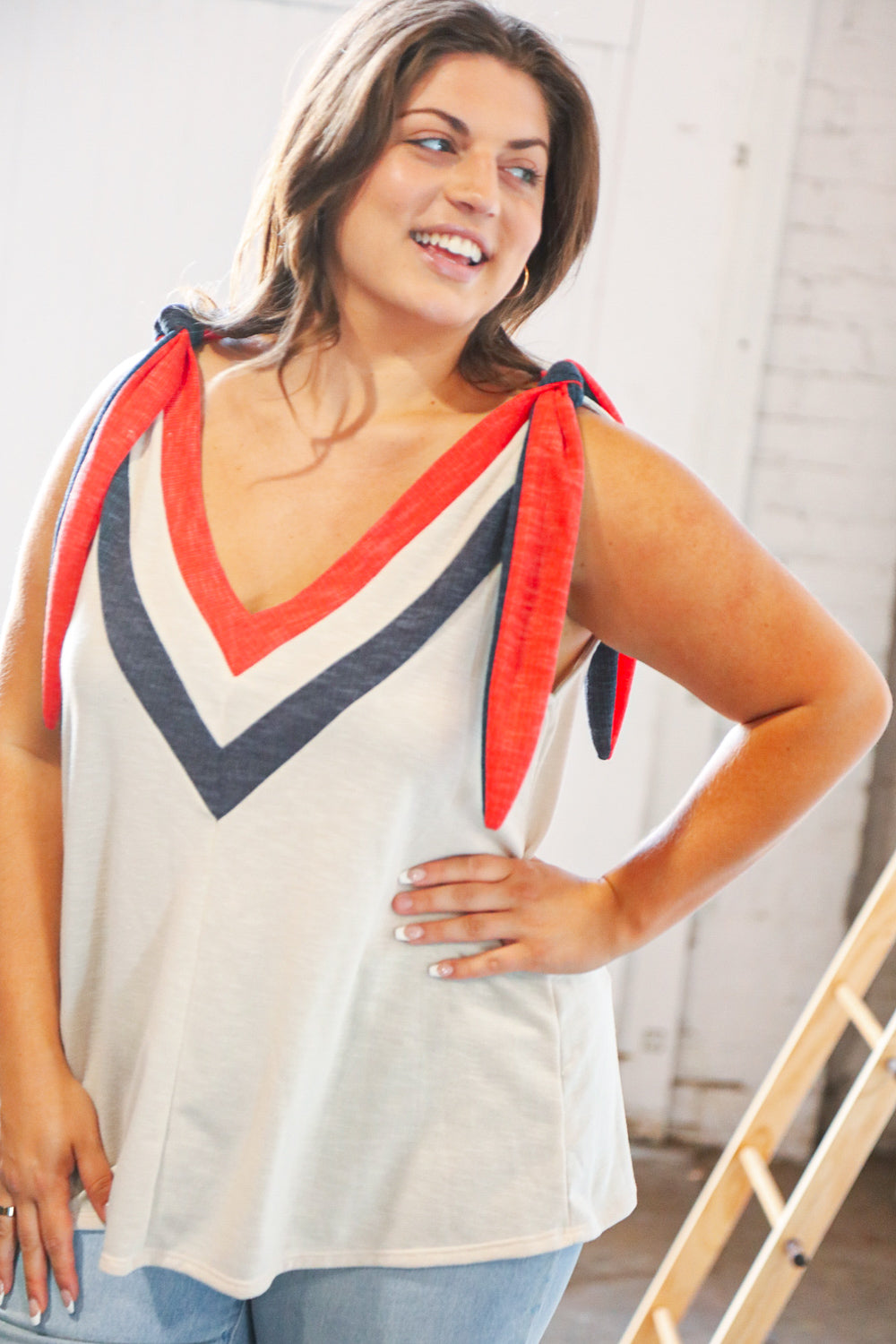 Navy & Red V Neck Tie Shoulder Color Block Sleeveless Top