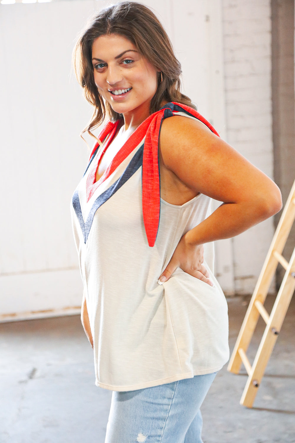 Navy & Red V Neck Tie Shoulder Color Block Sleeveless Top