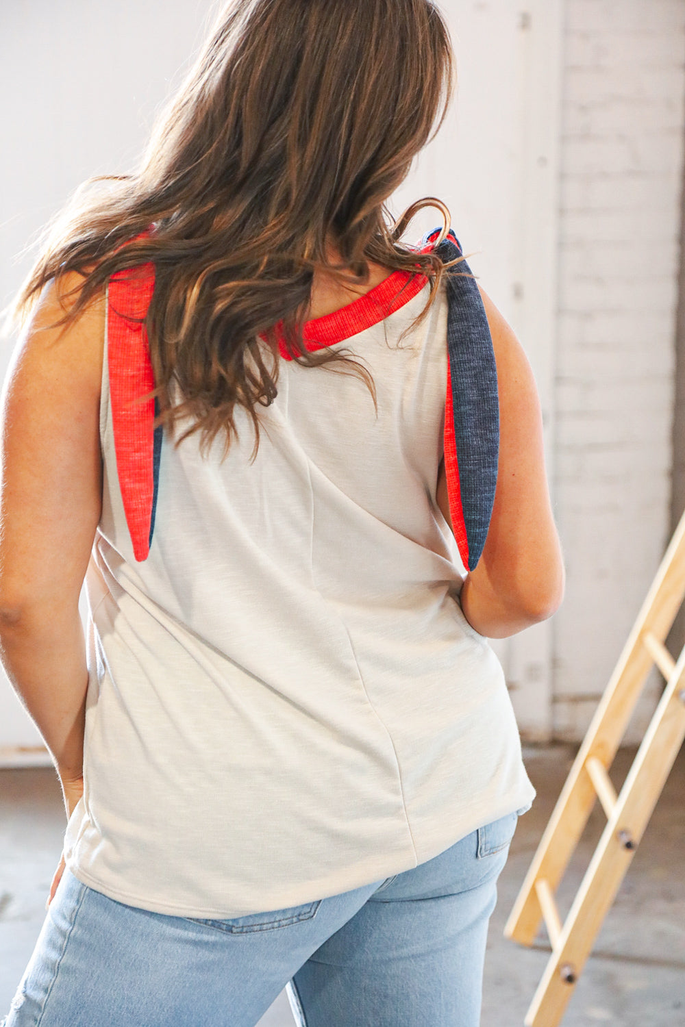 Navy & Red V Neck Tie Shoulder Color Block Sleeveless Top