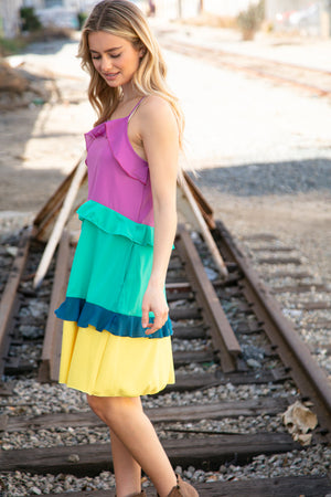 Fuchsia Shoulder Strap Color Block Tiered Ruffle Dress