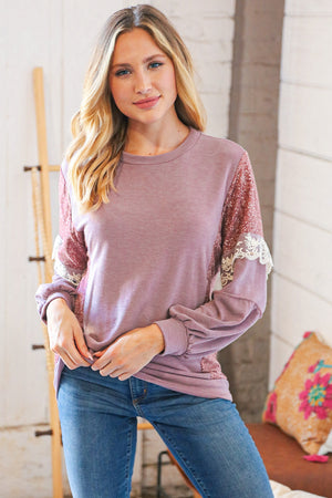 Mauve Ditzy Floral Bubble Sleeve Lace Trim PUllover