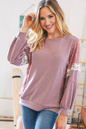 Mauve Ditzy Floral Bubble Sleeve Lace Trim PUllover