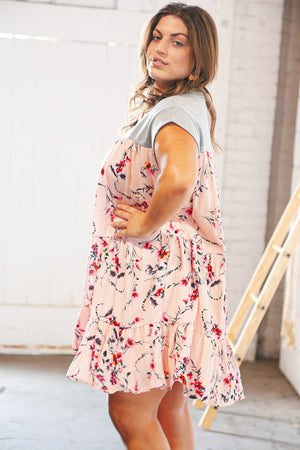 Blush Floral Crinkle Rayon & Terry Babydoll Tiered Dress