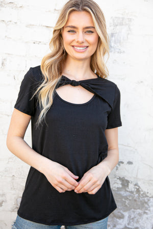 Black Knotted Cut Out Short Sleeve Top