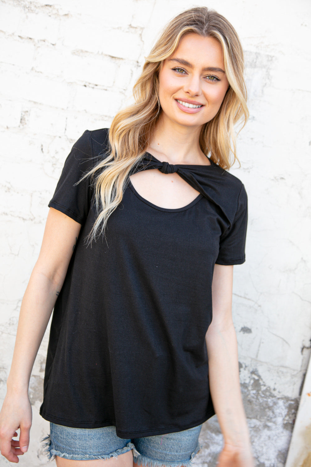 Black Knotted Cut Out Short Sleeve Top