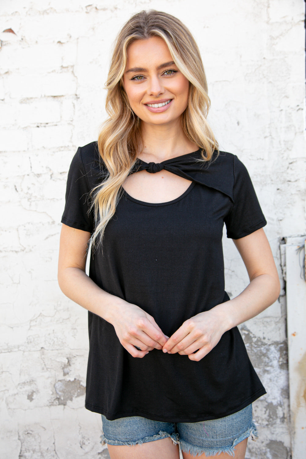 Black Knotted Cut Out Short Sleeve Top