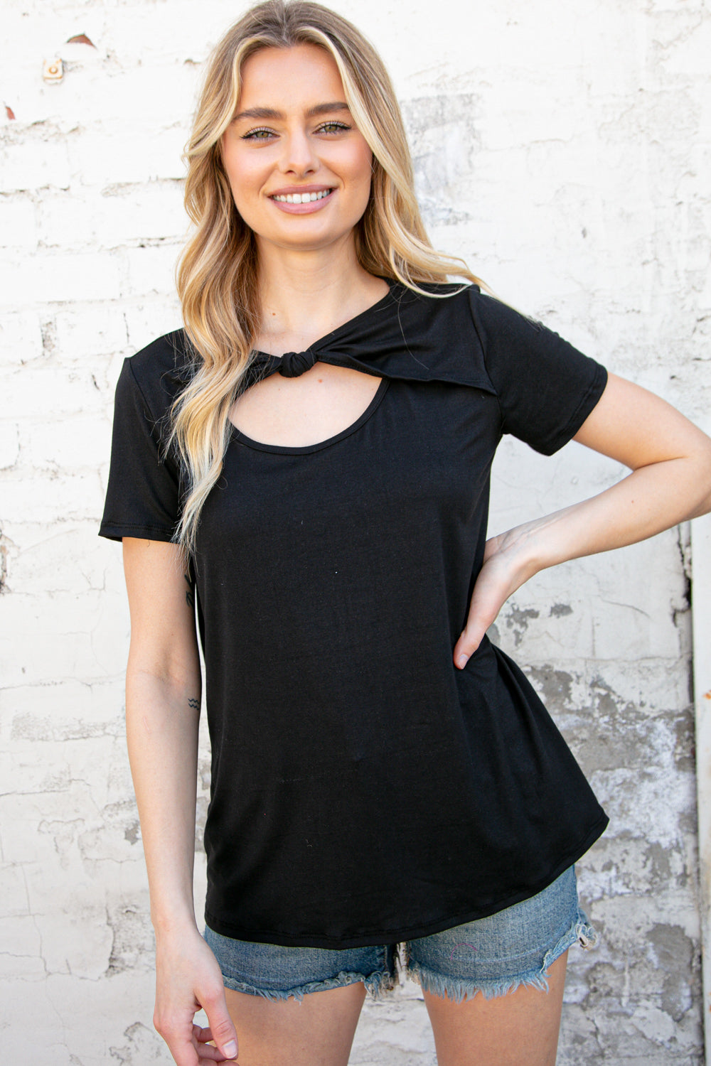 Black Knotted Cut Out Short Sleeve Top