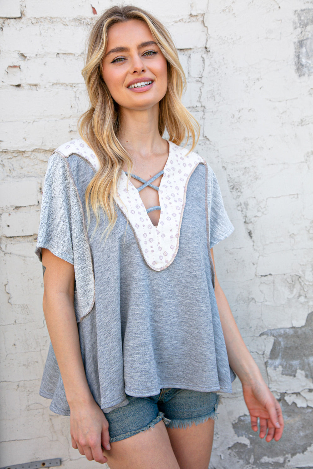 Boho Print Terry Cotton Triblend Color Block Crisscross Top