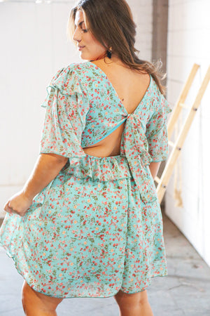 Teal Chiffon Ruffle V Neck Back Tie Lined Dress