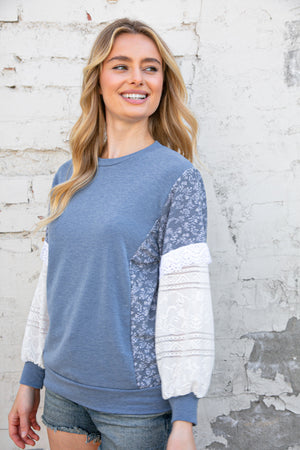 Blue French Terry Color Block Lace Pullover