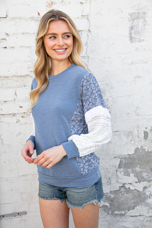 Blue French Terry Color Block Lace Pullover