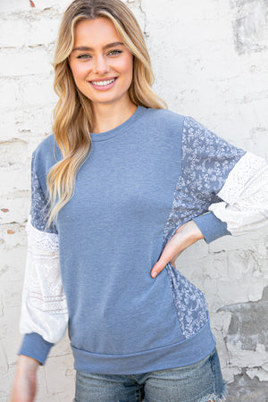 Blue French Terry Color Block Lace Pullover