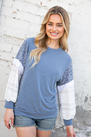 Blue French Terry Color Block Lace Pullover