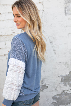 Blue French Terry Color Block Lace Pullover