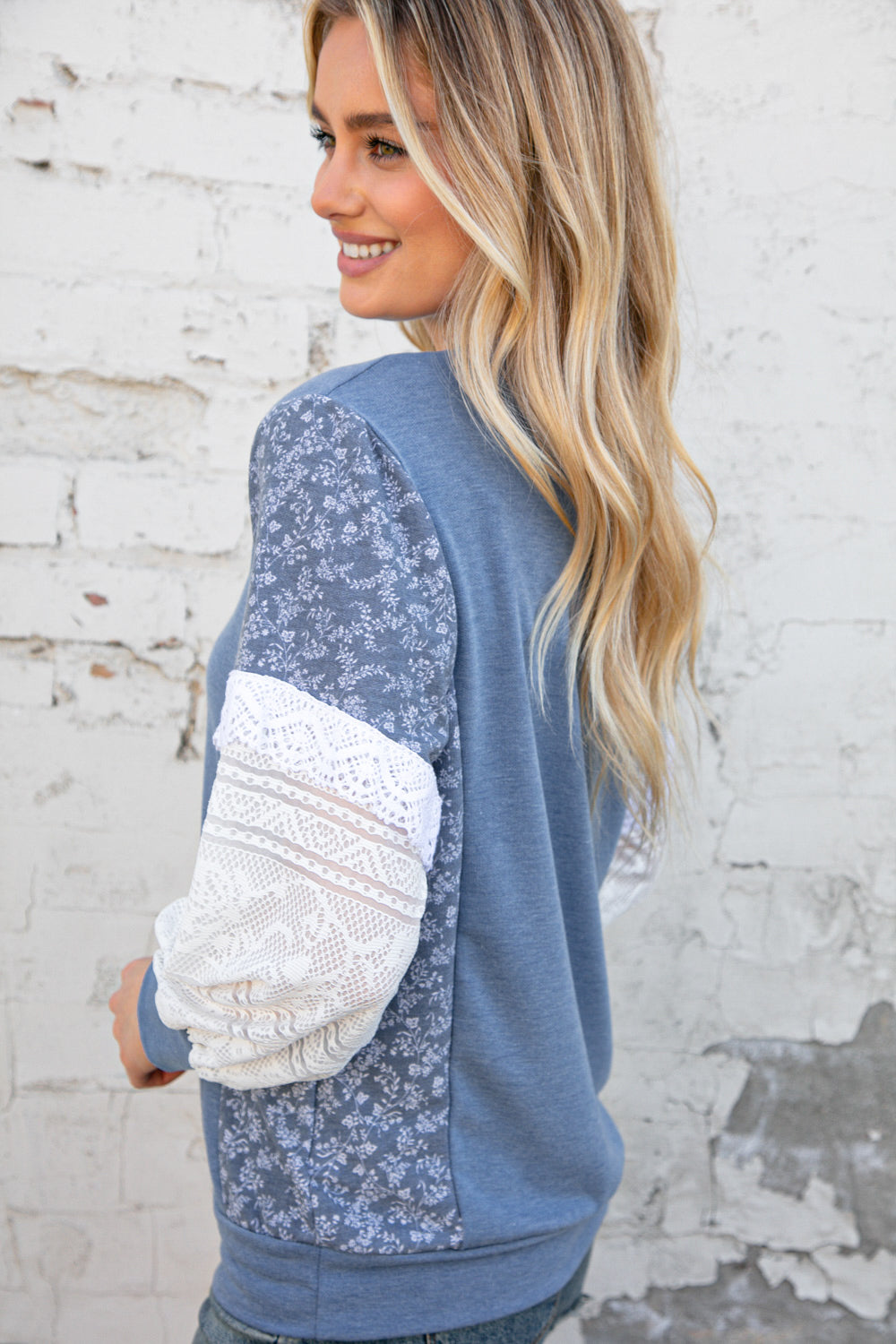 Blue French Terry Color Block Lace Pullover