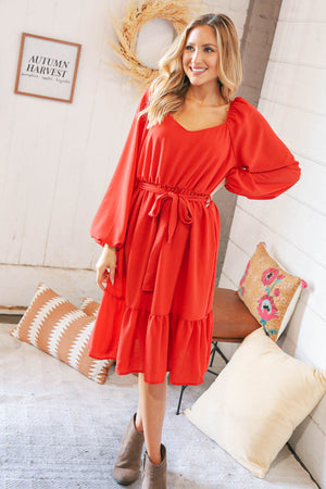 Burnt Orange V Neck Tie Waist Lined Midi Woven Dress