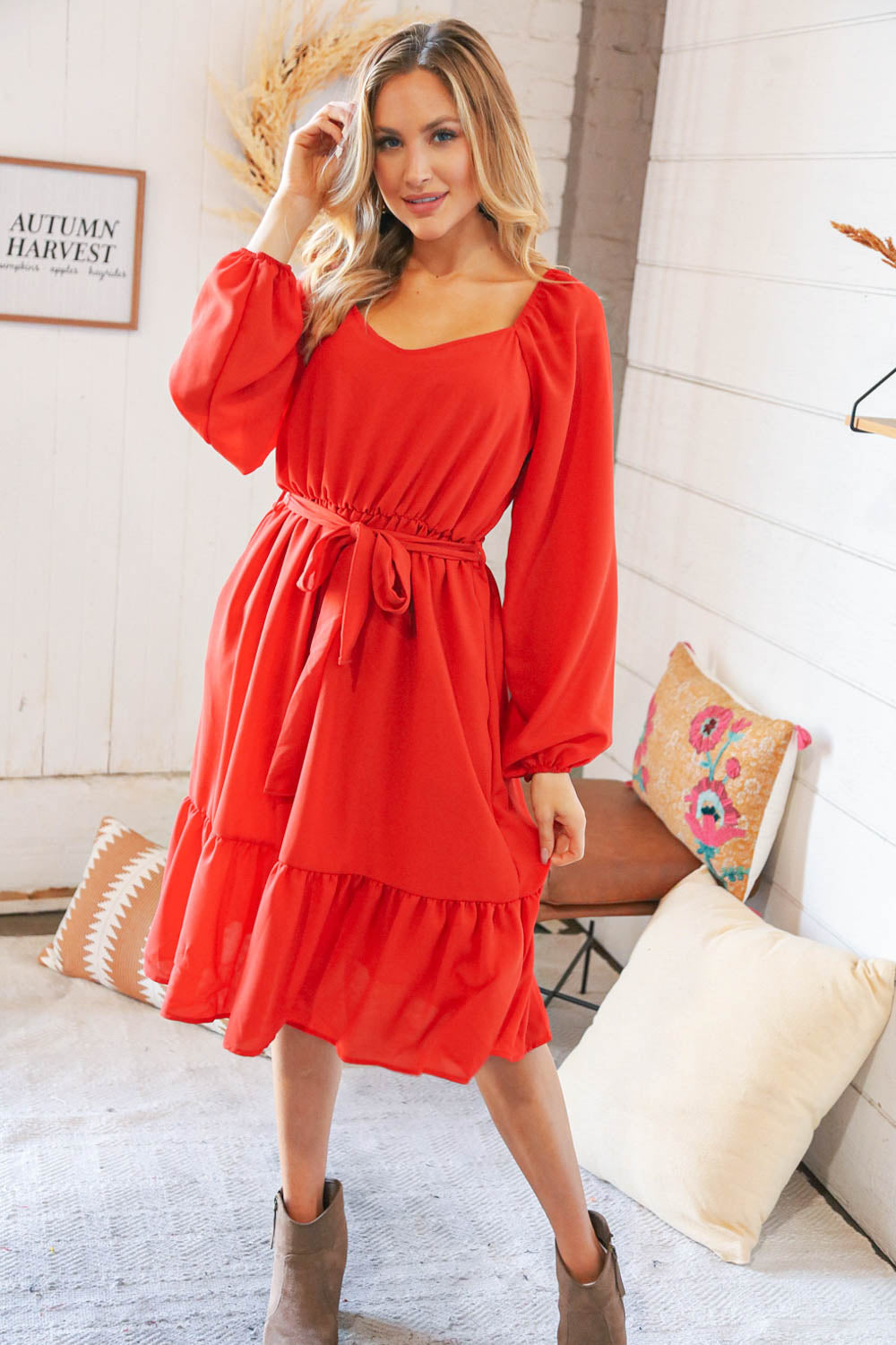 Burnt Orange V Neck Tie Waist Lined Midi Woven Dress