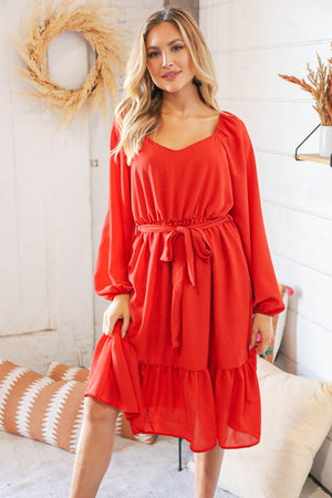 Burnt Orange V Neck Tie Waist Lined Midi Woven Dress