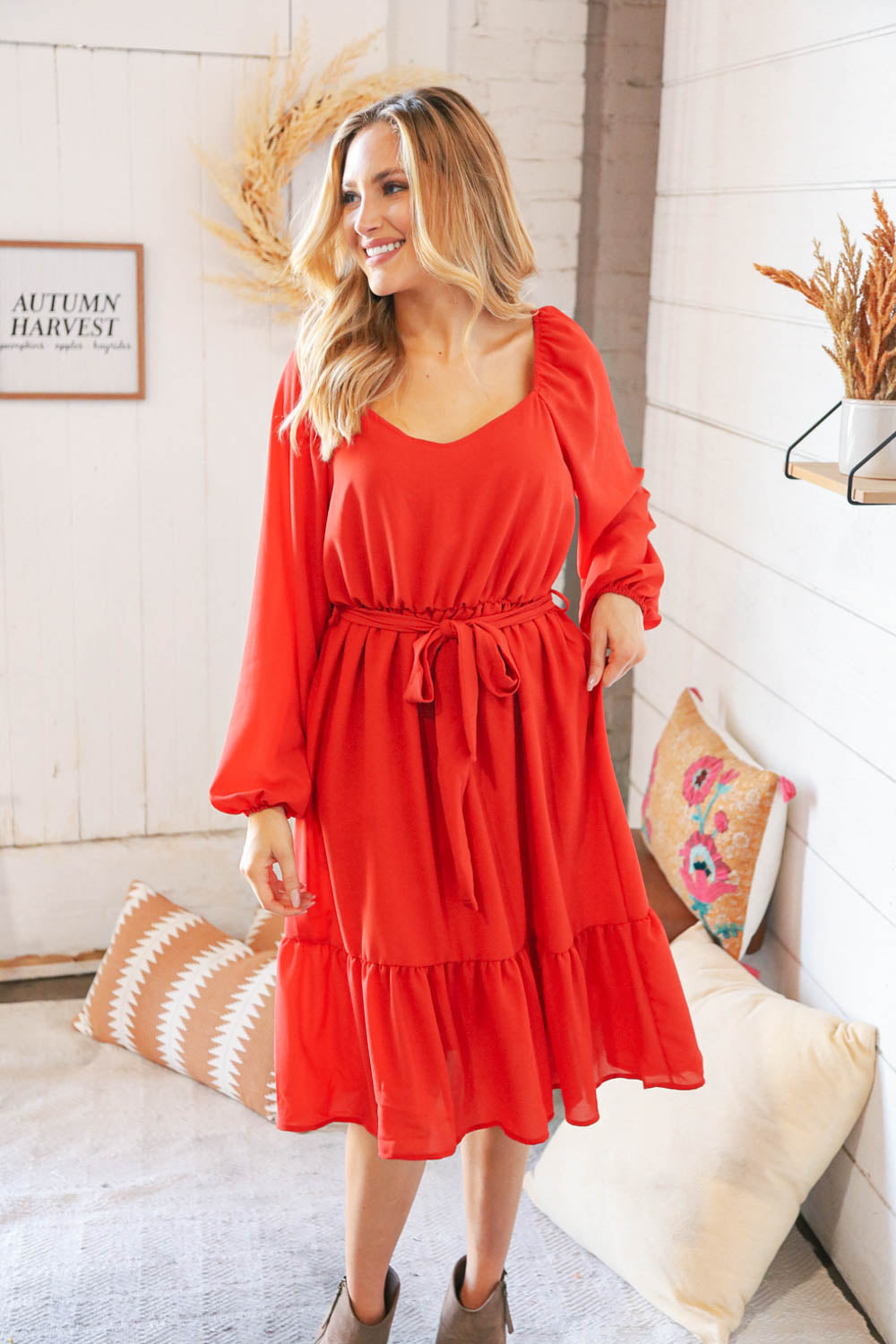 Burnt Orange V Neck Tie Waist Lined Midi Woven Dress