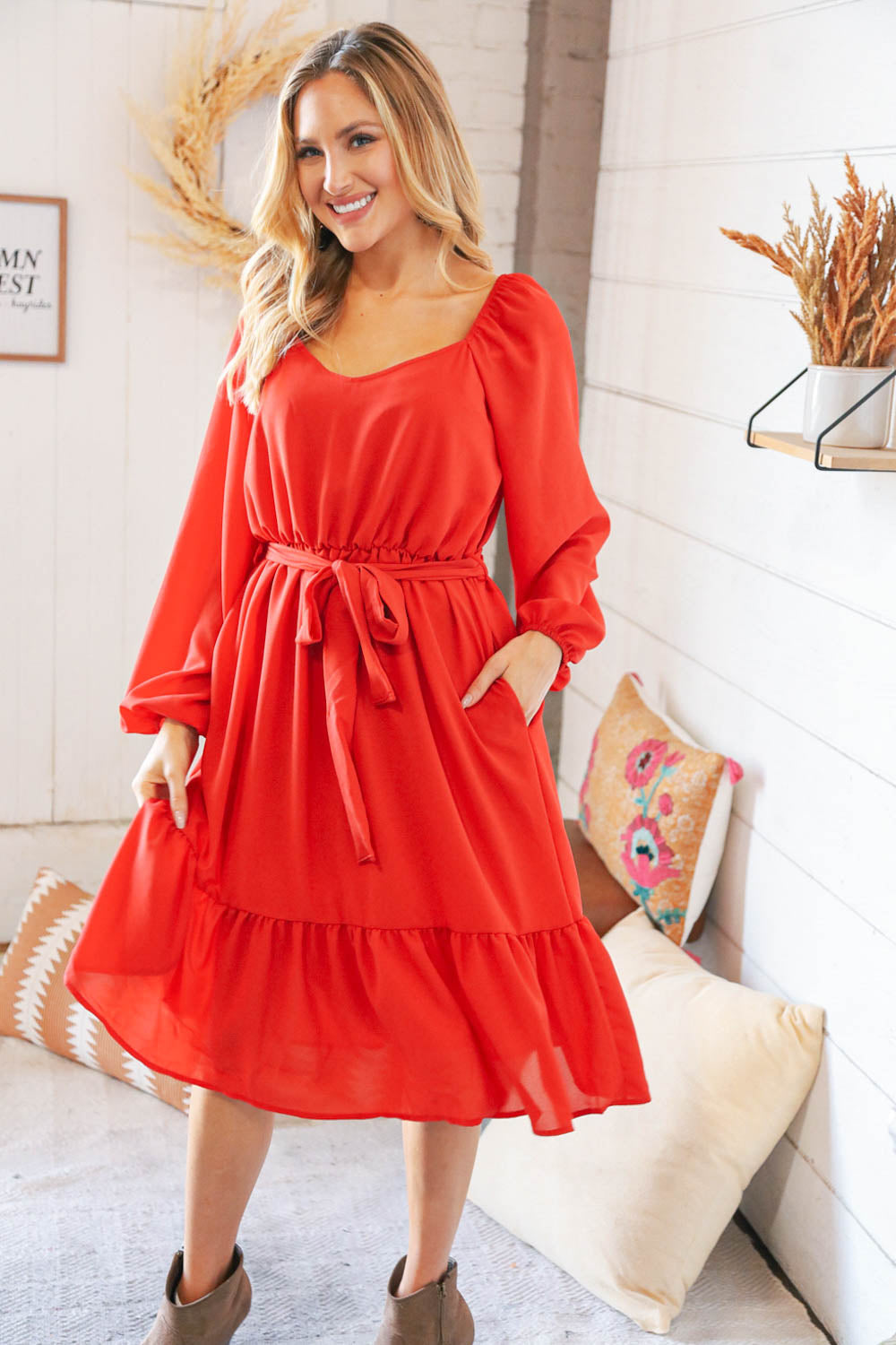 Burnt Orange V Neck Tie Waist Lined Midi Woven Dress