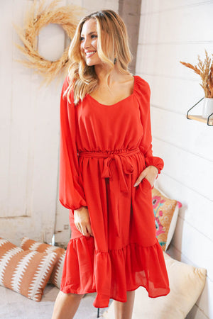 Burnt Orange V Neck Tie Waist Lined Midi Woven Dress