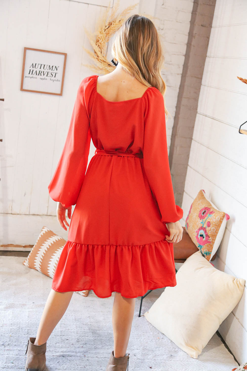 Burnt Orange V Neck Tie Waist Lined Midi Woven Dress