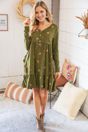 Olive Placard Yoke Ruffle Hem Pocketed Fit & Flare Dress