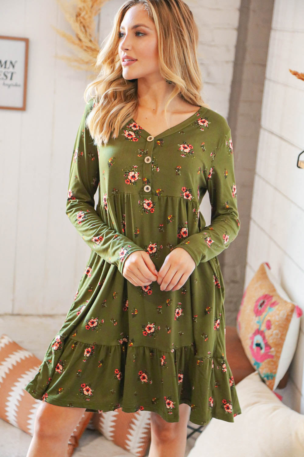 Olive Placard Yoke Ruffle Hem Pocketed Fit & Flare Dress