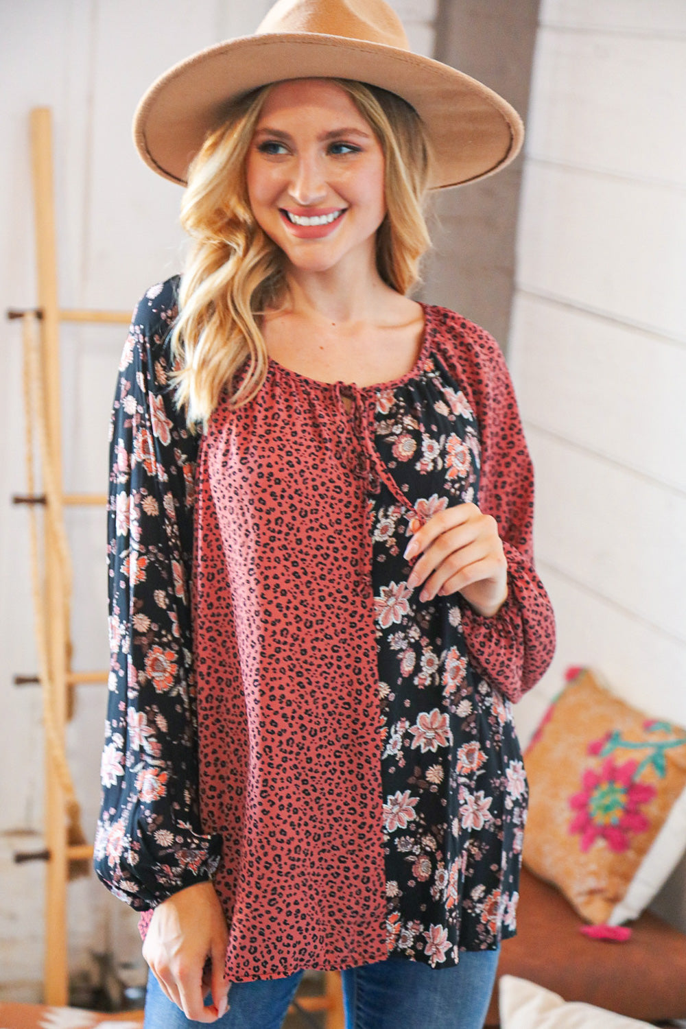 Burgundy Leopard and Floral Color Block Key Hole Top