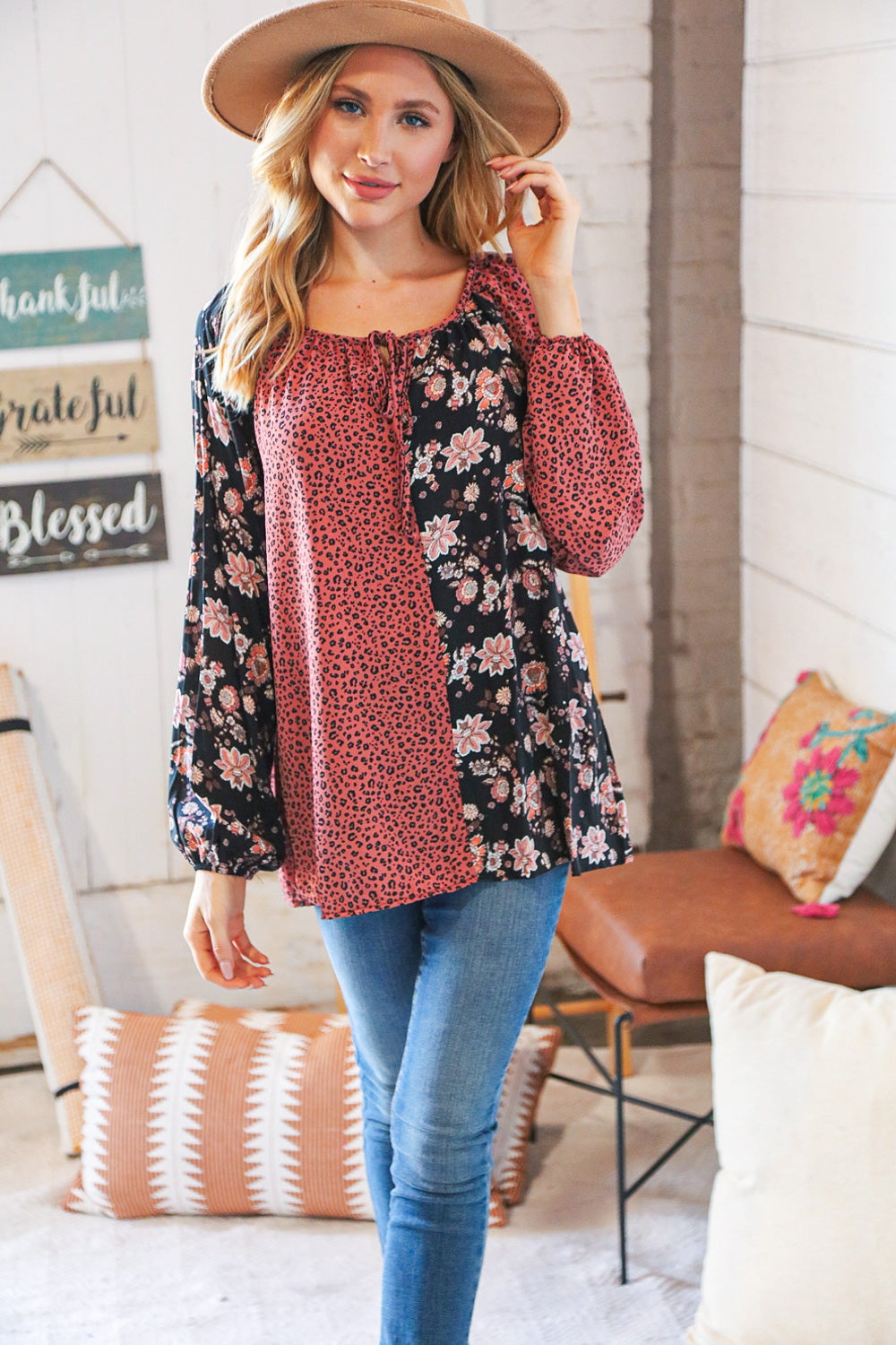 Burgundy Leopard and Floral Color Block Key Hole Top