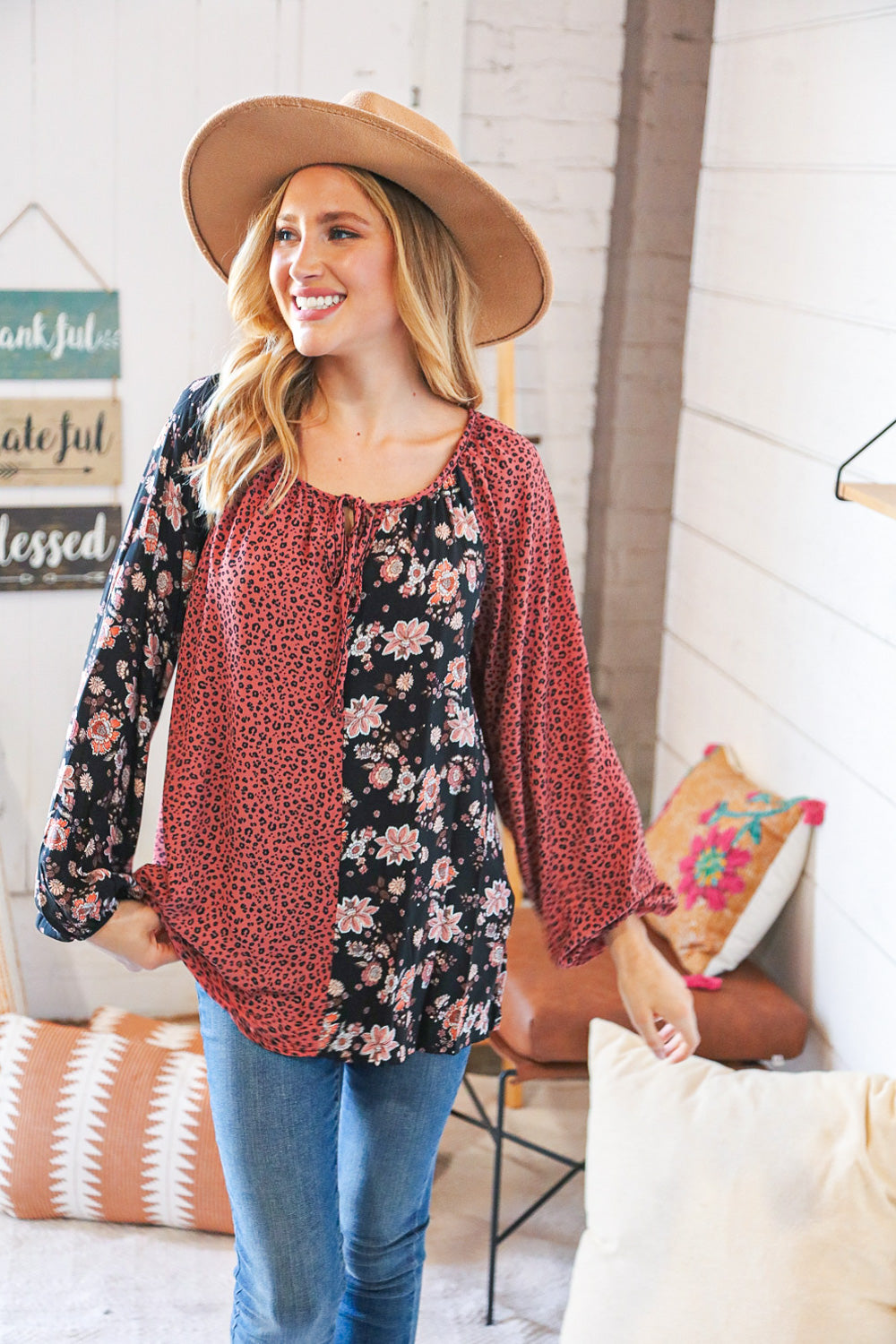 Burgundy Leopard and Floral Color Block Key Hole Top