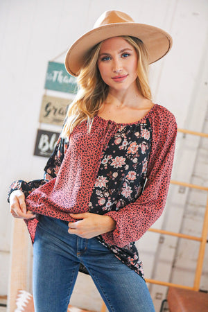 Burgundy Leopard and Floral Color Block Key Hole Top