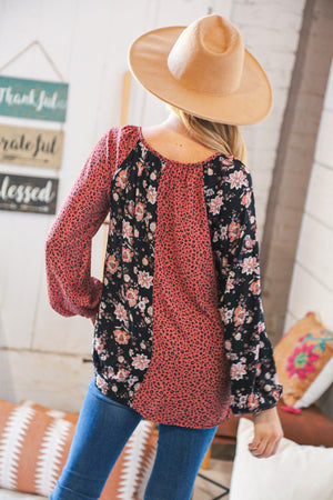 Burgundy Leopard and Floral Color Block Key Hole Top