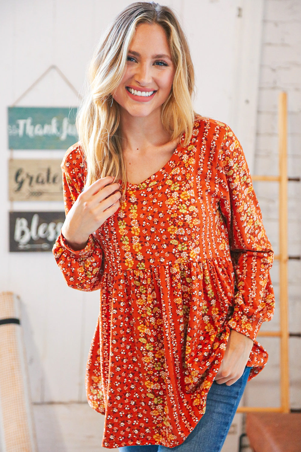 Rust Babydoll Top with Green & Yellow Floral Print