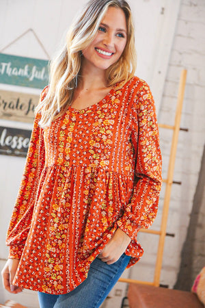 Rust Babydoll Top with Green & Yellow Floral Print