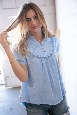 Baby Blue Cotton Linen Frayed Yoke Collared Top