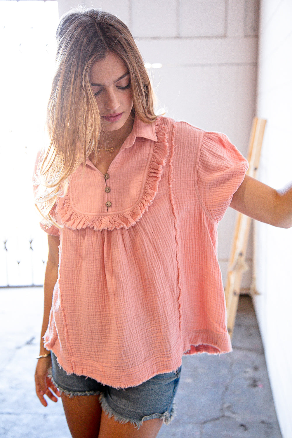 Blush Cotton Linen Frayed Yoke Collared Top