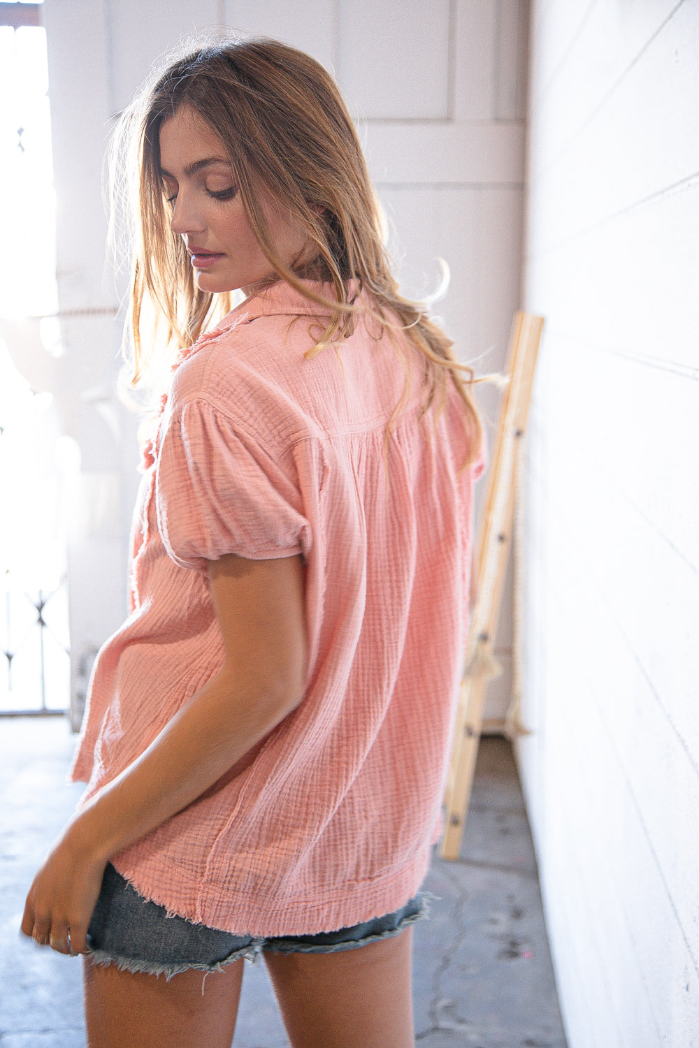 Blush Cotton Linen Frayed Yoke Collared Top
