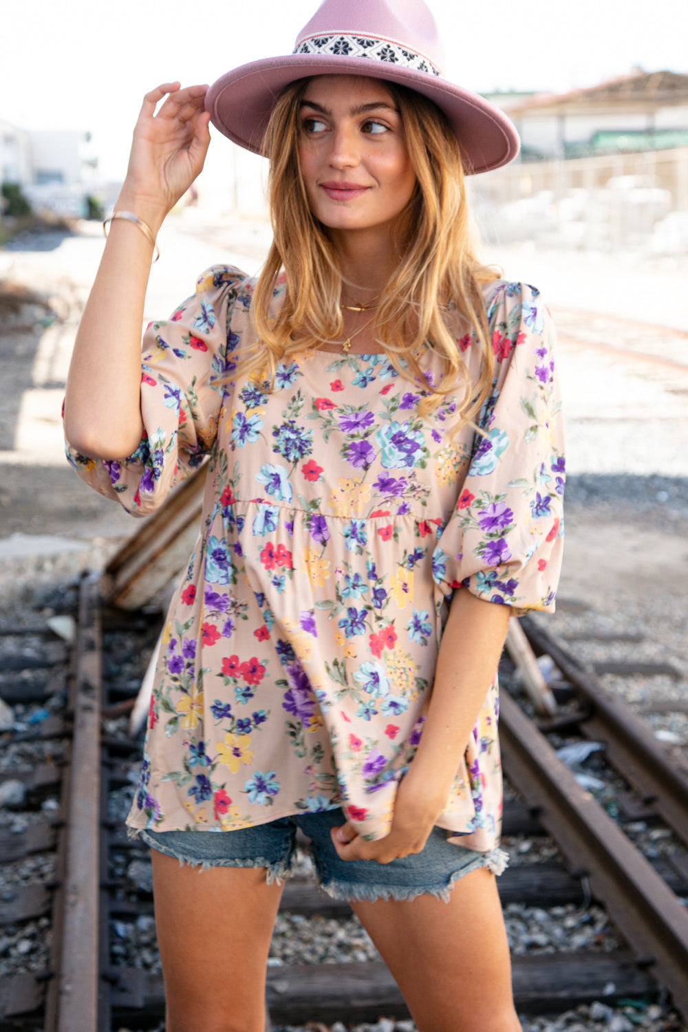 Beige Square Neck Peplum Floral Challis Woven Top