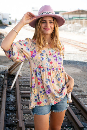 Beige Square Neck Peplum Floral Challis Woven Top