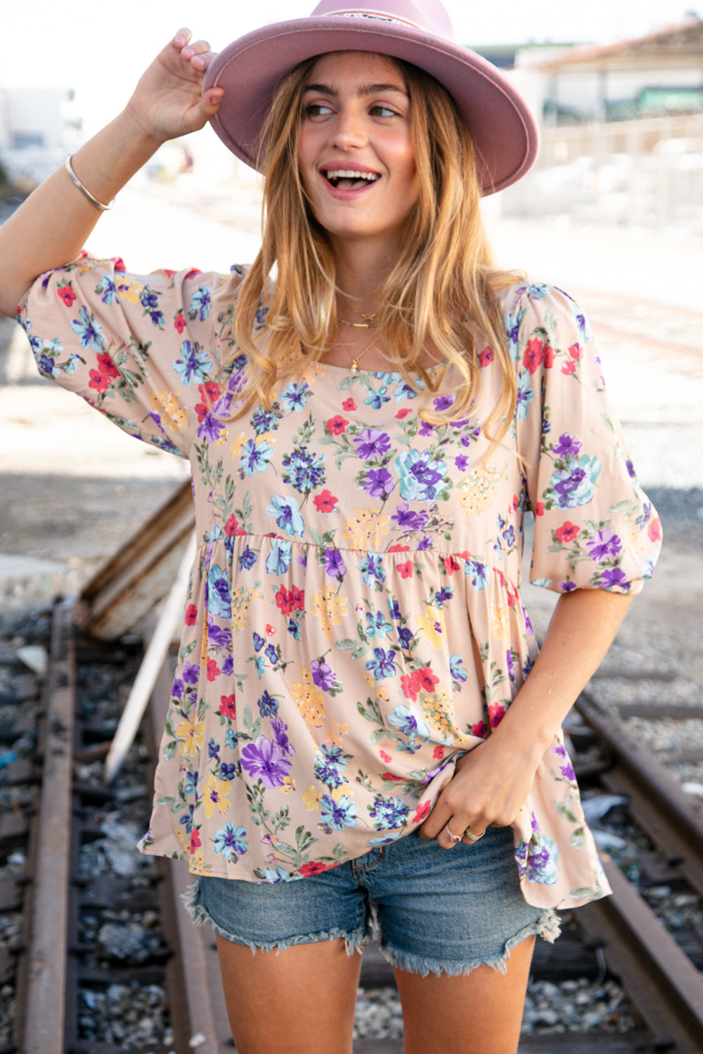 Beige Square Neck Peplum Floral Challis Woven Top