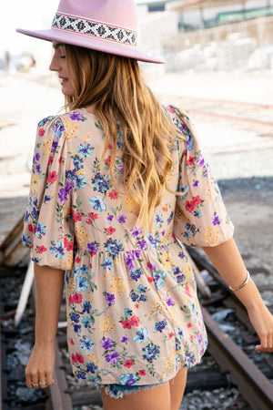 Beige Square Neck Peplum Floral Challis Woven Top