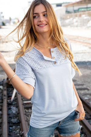 Soft Blue Eyelet Yoke Terry Knit Button Down Top