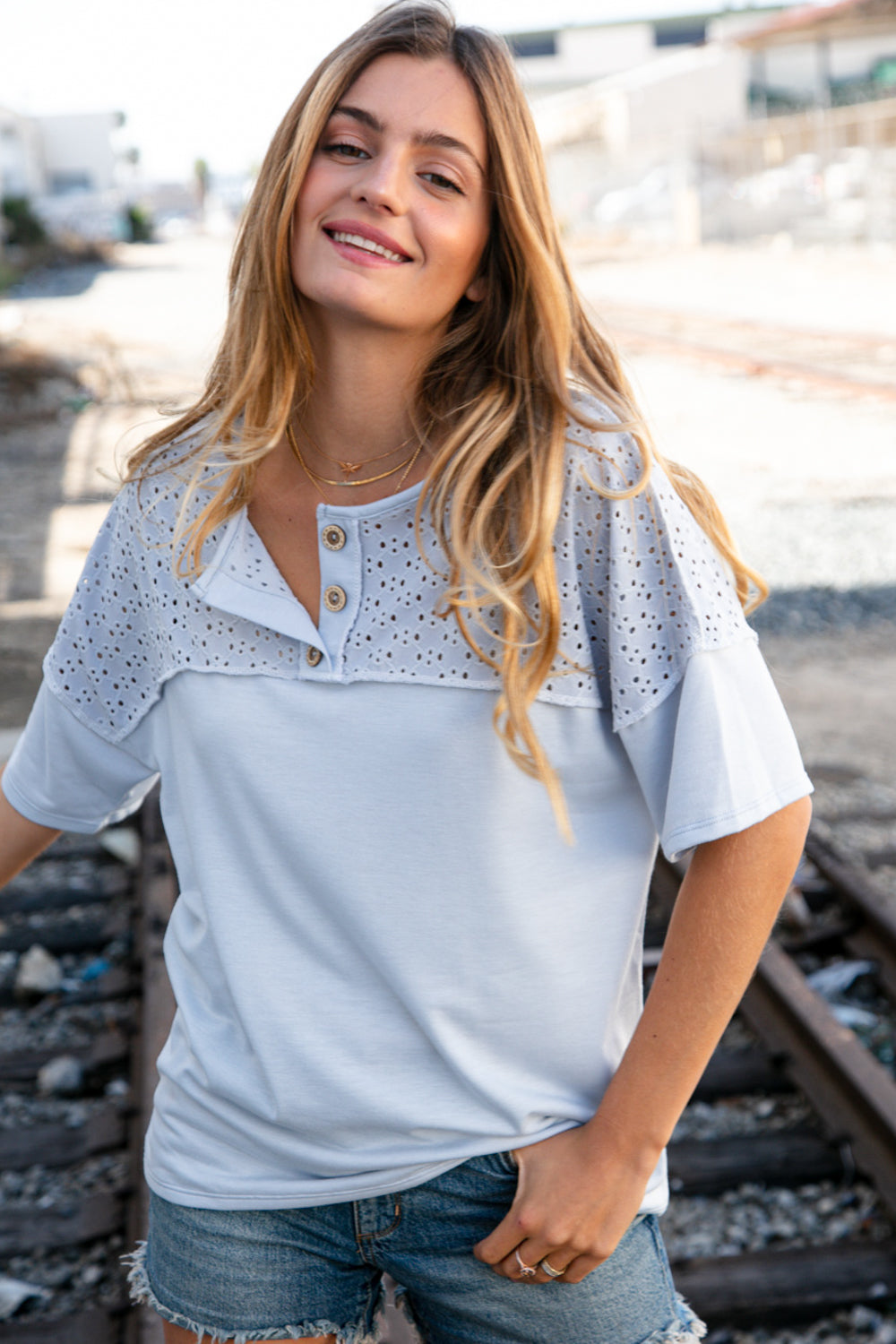 Soft Blue Eyelet Yoke Terry Knit Button Down Top