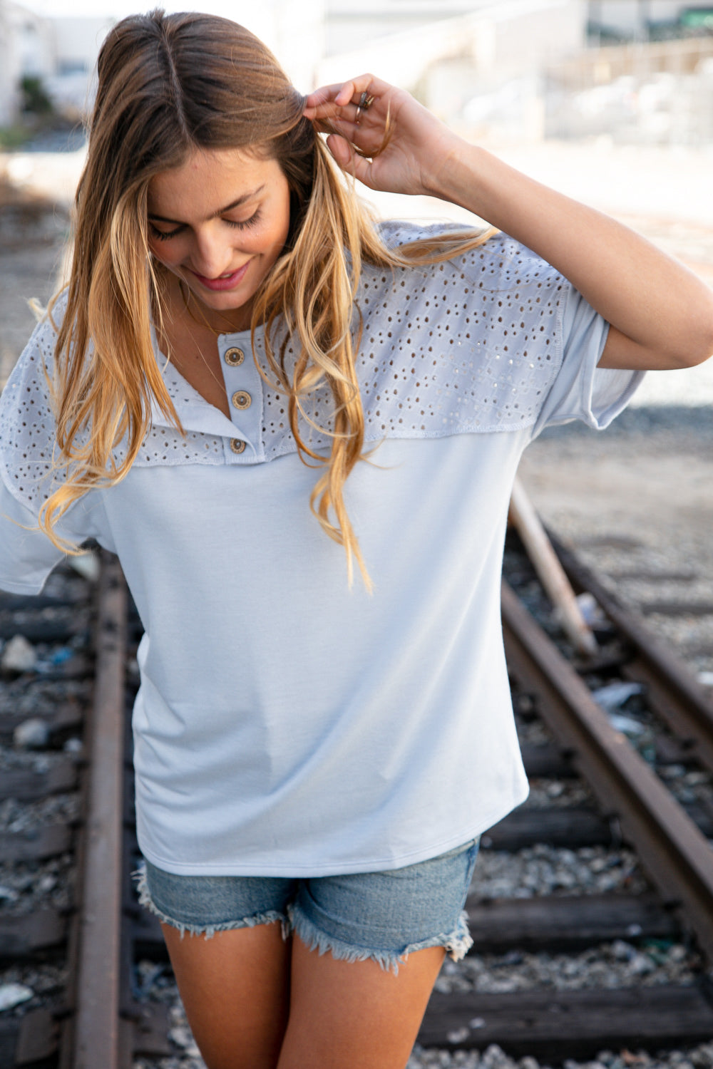 Soft Blue Eyelet Yoke Terry Knit Button Down Top