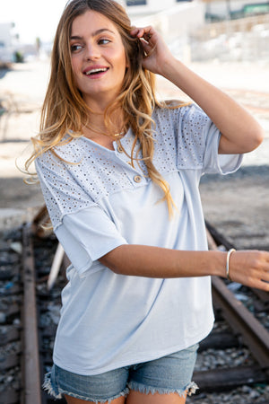 Soft Blue Eyelet Yoke Terry Knit Button Down Top