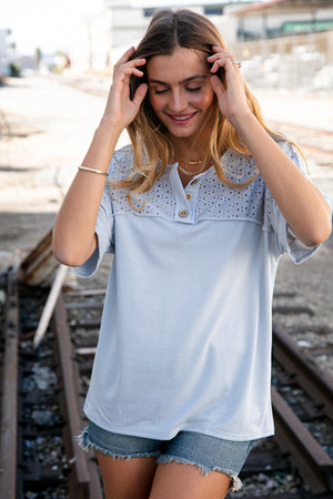 Soft Blue Eyelet Yoke Terry Knit Button Down Top